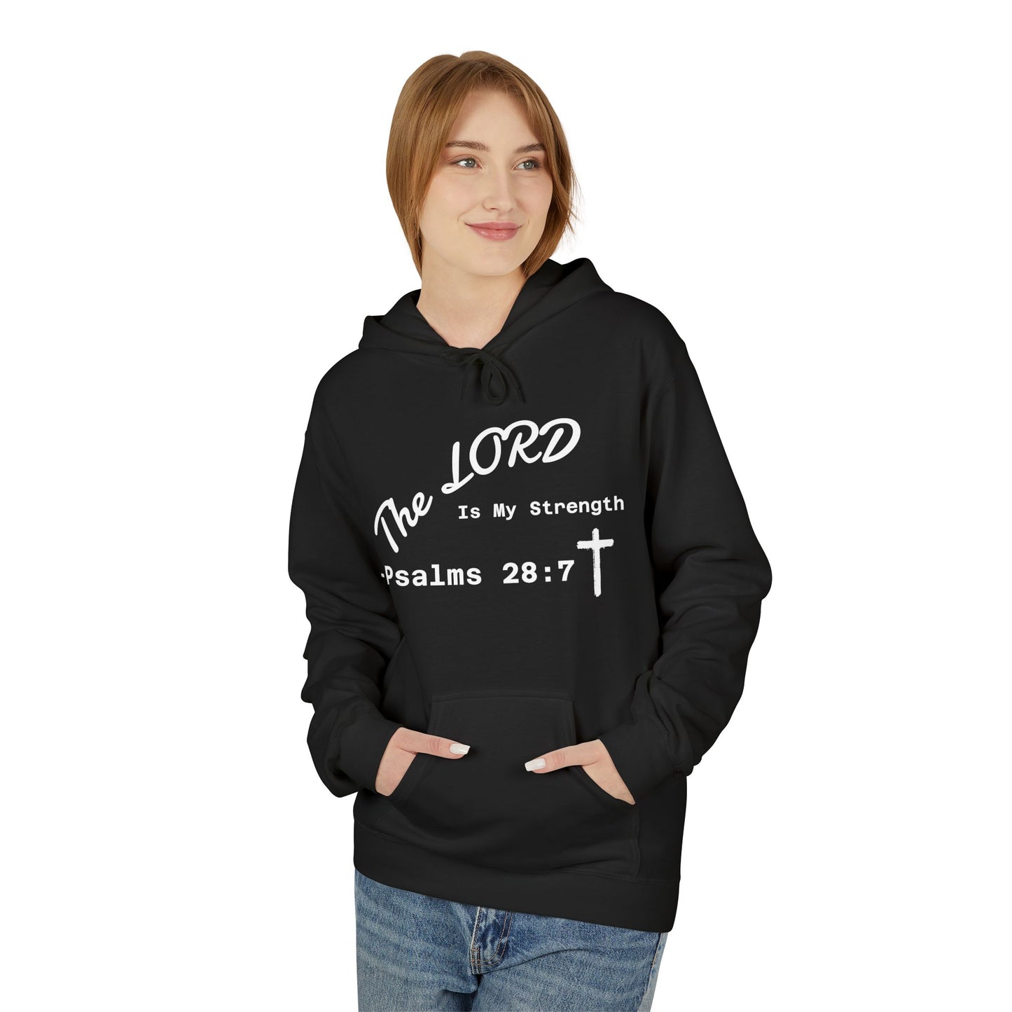 Psalms 28:7 Hoodie – "The LORD is My Strength" Christian Cross Pullover