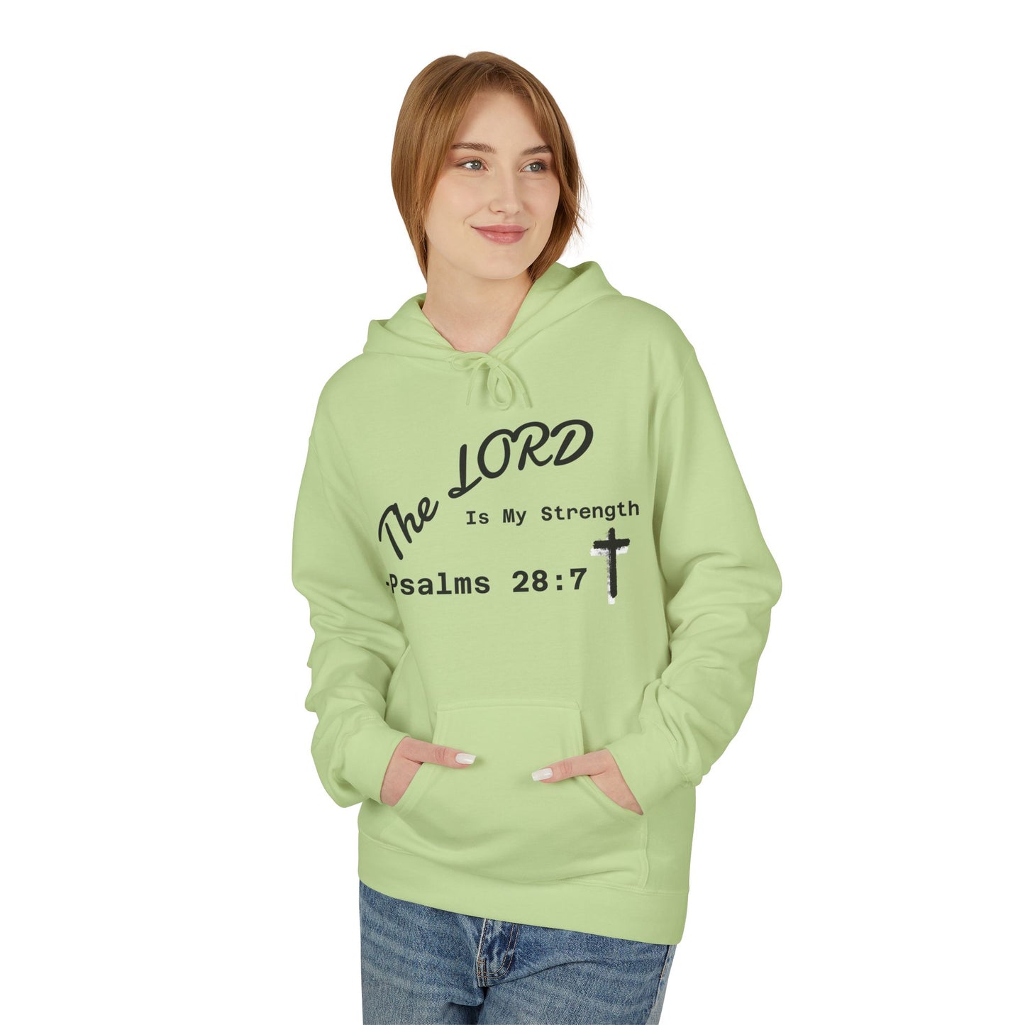 Psalms 28:7 Hoodie – "The LORD is My Strength" Christian Cross Pullover