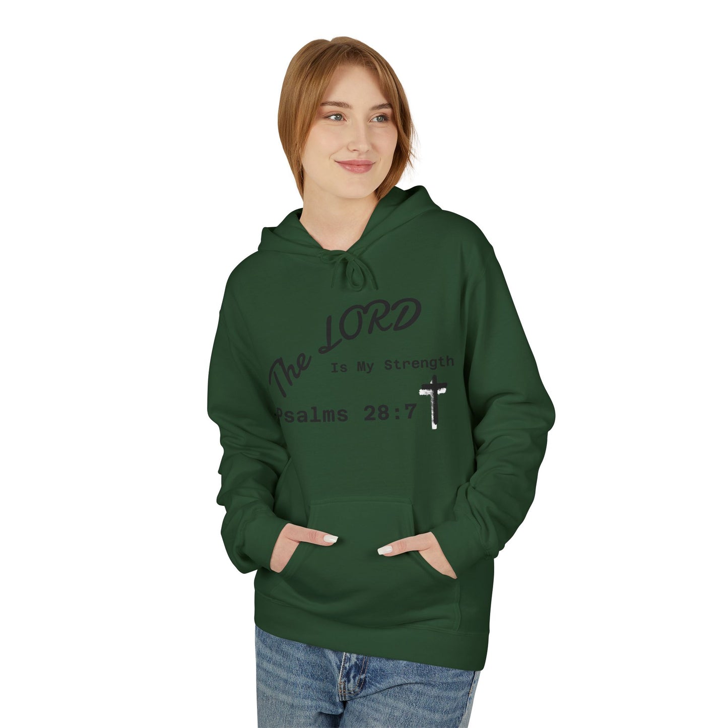 Psalms 28:7 Hoodie – "The LORD is My Strength" Christian Cross Pullover
