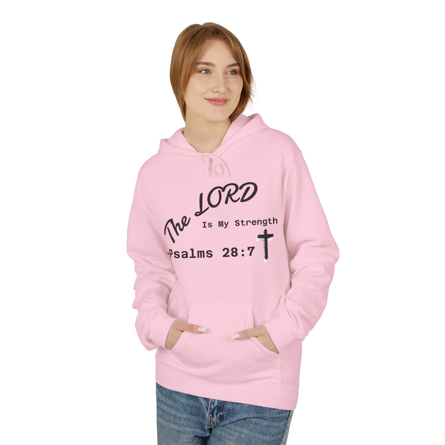 Psalms 28:7 Hoodie – "The LORD is My Strength" Christian Cross Pullover