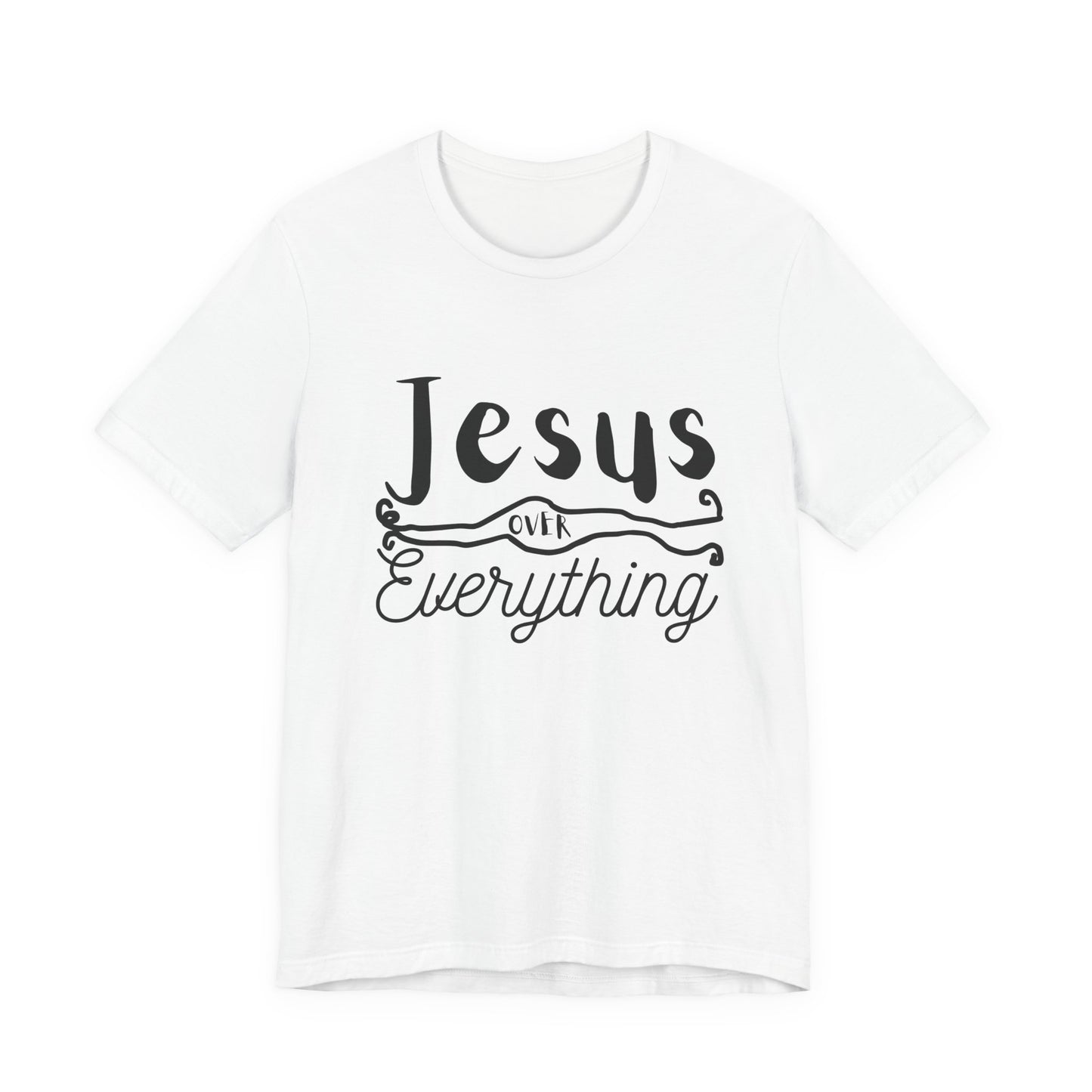 White t-shirt with 'Jesus Over Everything' text on a white background