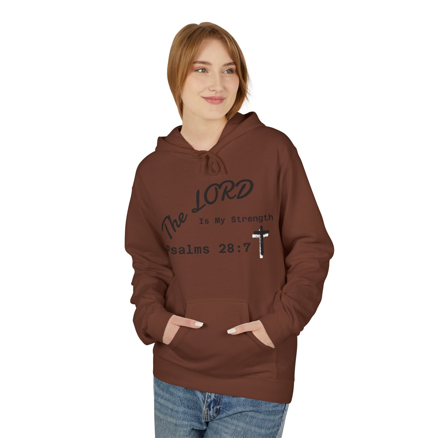 Psalms 28:7 Hoodie – "The LORD is My Strength" Christian Cross Pullover