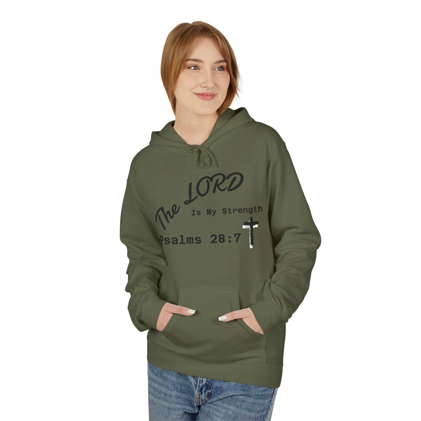Psalms 28:7 Hoodie – "The LORD is My Strength" Christian Cross Pullover