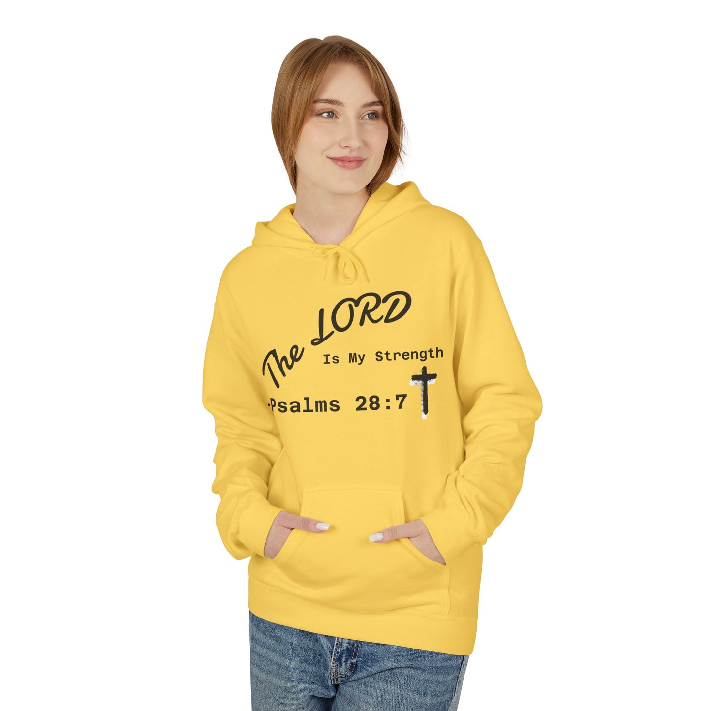 Psalms 28:7 Hoodie – "The LORD is My Strength" Christian Cross Pullover