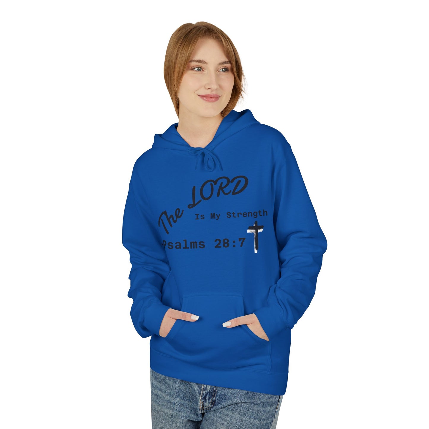 Psalms 28:7 Hoodie – "The LORD is My Strength" Christian Cross Pullover