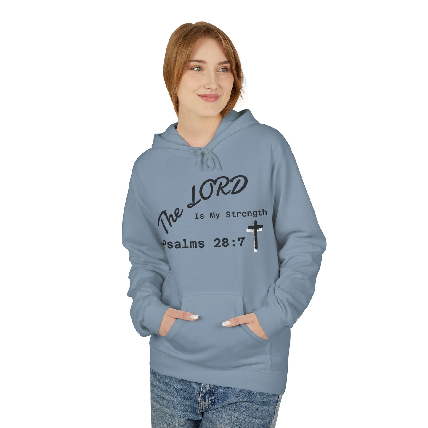 Psalms 28:7 Hoodie – "The LORD is My Strength" Christian Cross Pullover