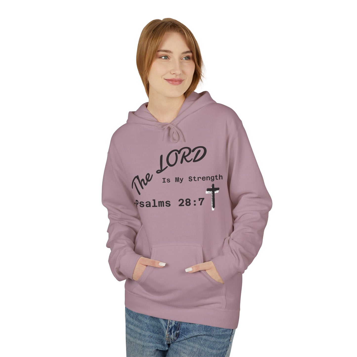 Psalms 28:7 Hoodie – "The LORD is My Strength" Christian Cross Pullover
