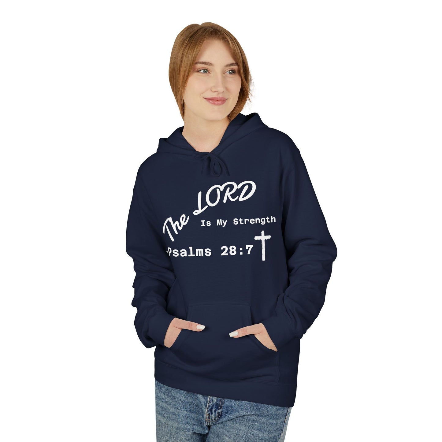 Psalms 28:7 Hoodie – "The LORD is My Strength" Christian Cross Pullover