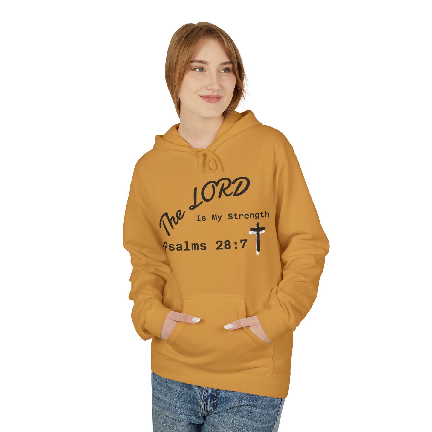 Psalms 28:7 Hoodie – "The LORD is My Strength" Christian Cross Pullover