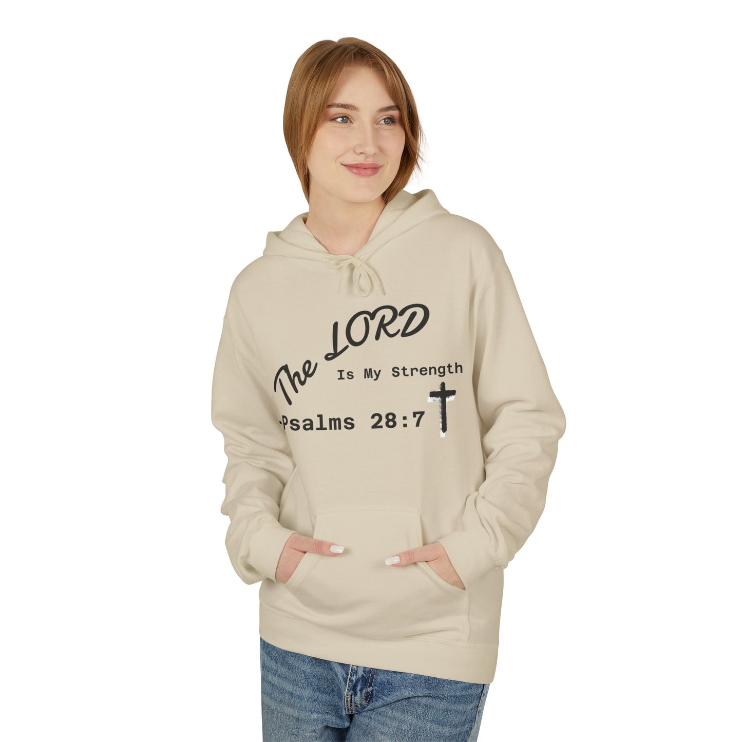 Psalms 28:7 Hoodie – "The LORD is My Strength" Christian Cross Pullover