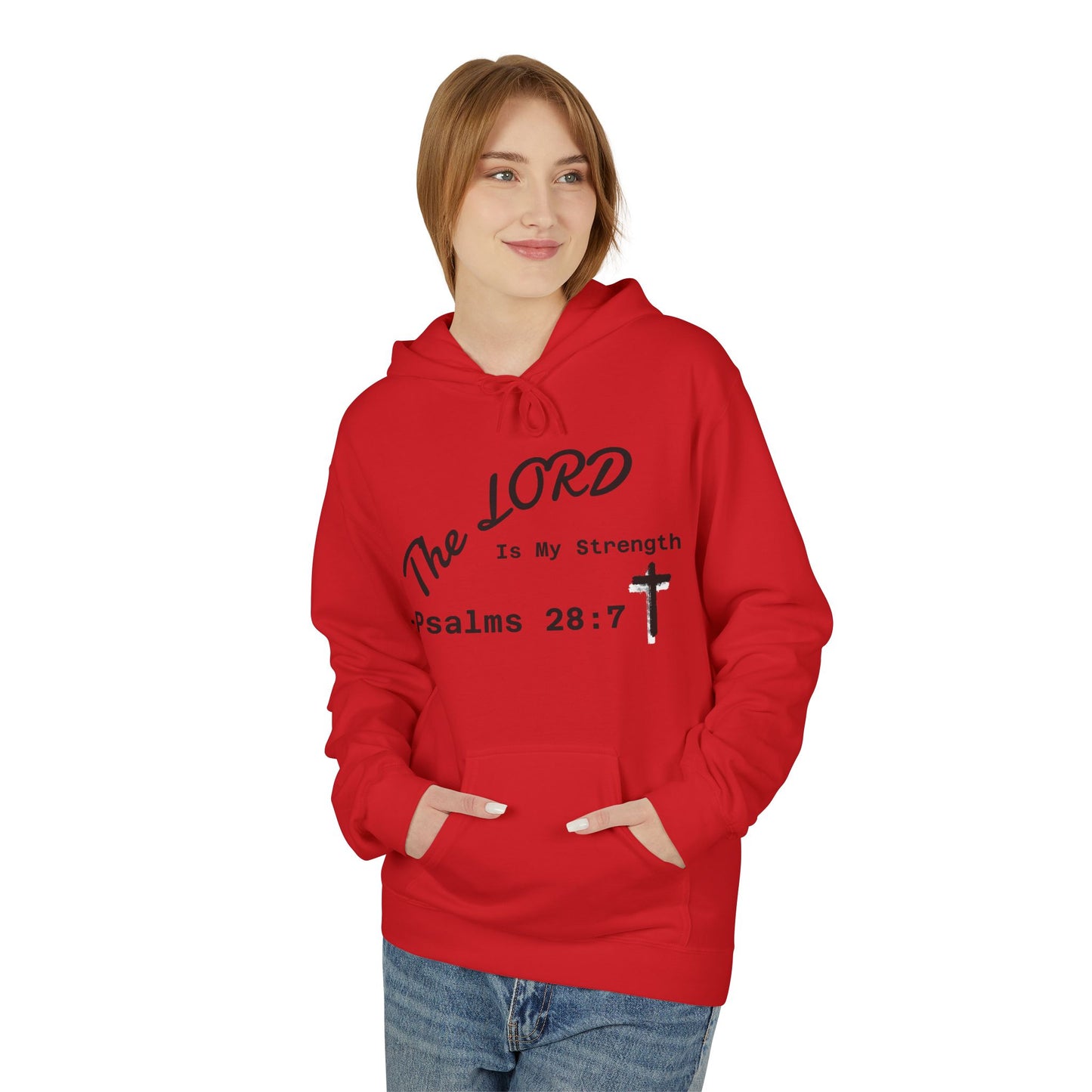 Psalms 28:7 Hoodie – "The LORD is My Strength" Christian Cross Pullover