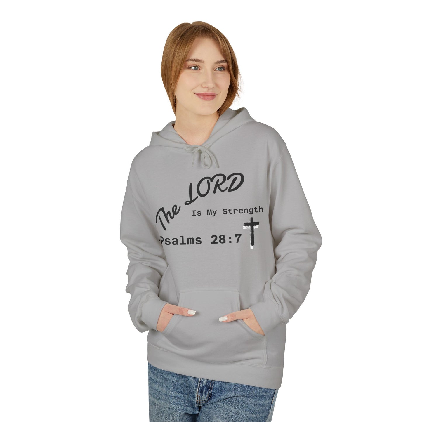Psalms 28:7 Hoodie – "The LORD is My Strength" Christian Cross Pullover