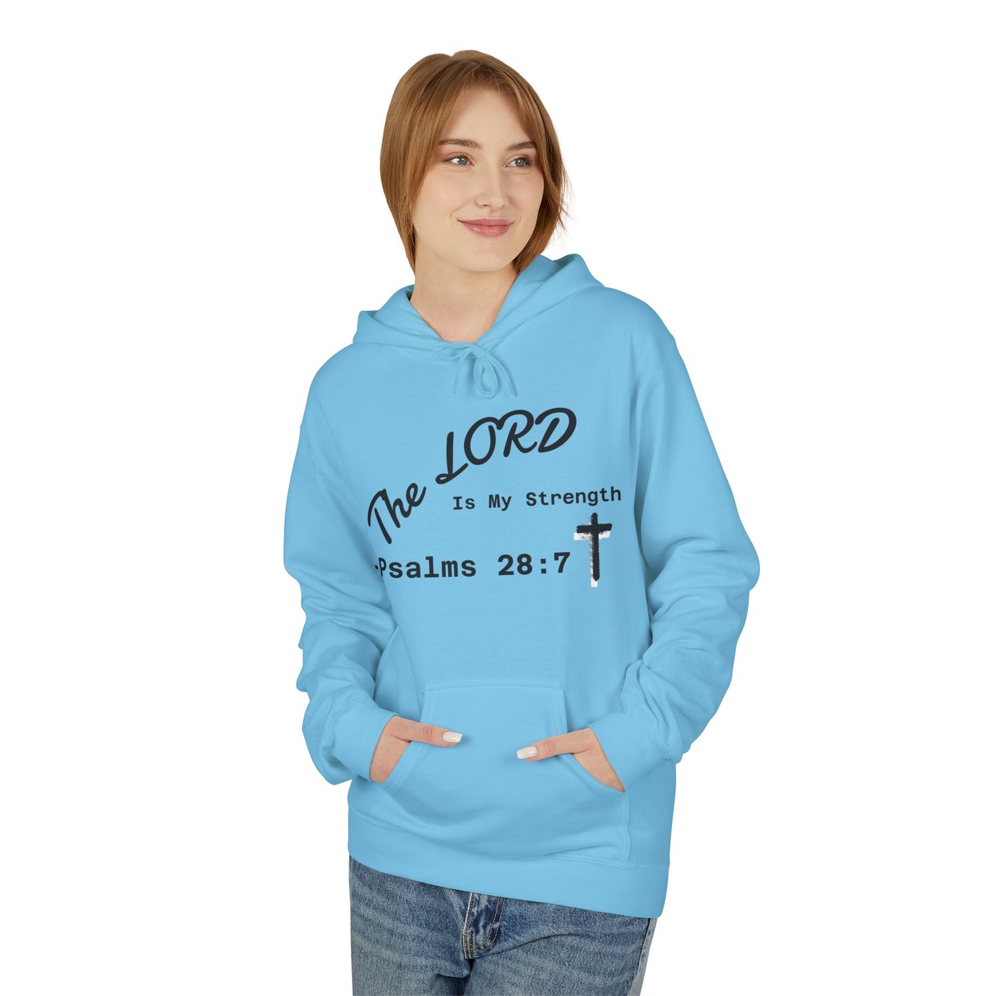 Psalms 28:7 Hoodie – "The LORD is My Strength" Christian Cross Pullover