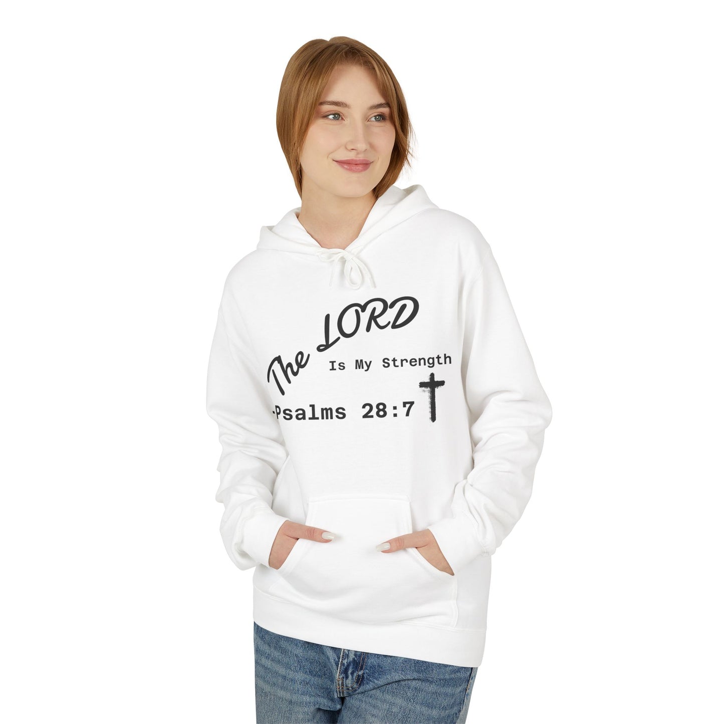 Psalms 28:7 Hoodie – "The LORD is My Strength" Christian Cross Pullover
