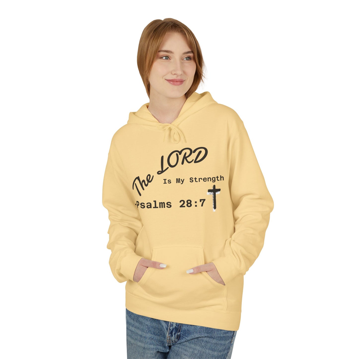 Psalms 28:7 Hoodie – "The LORD is My Strength" Christian Cross Pullover