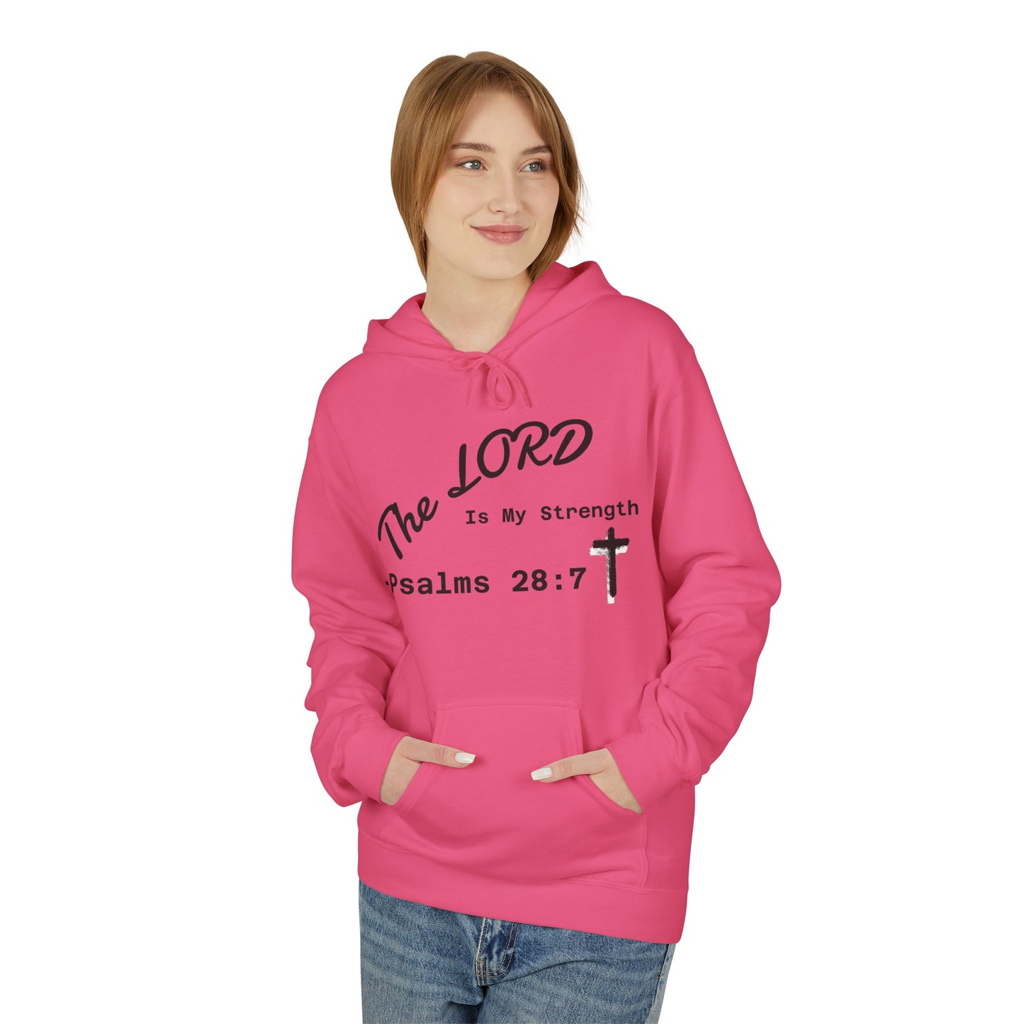 Psalms 28:7 Hoodie – "The LORD is My Strength" Christian Cross Pullover
