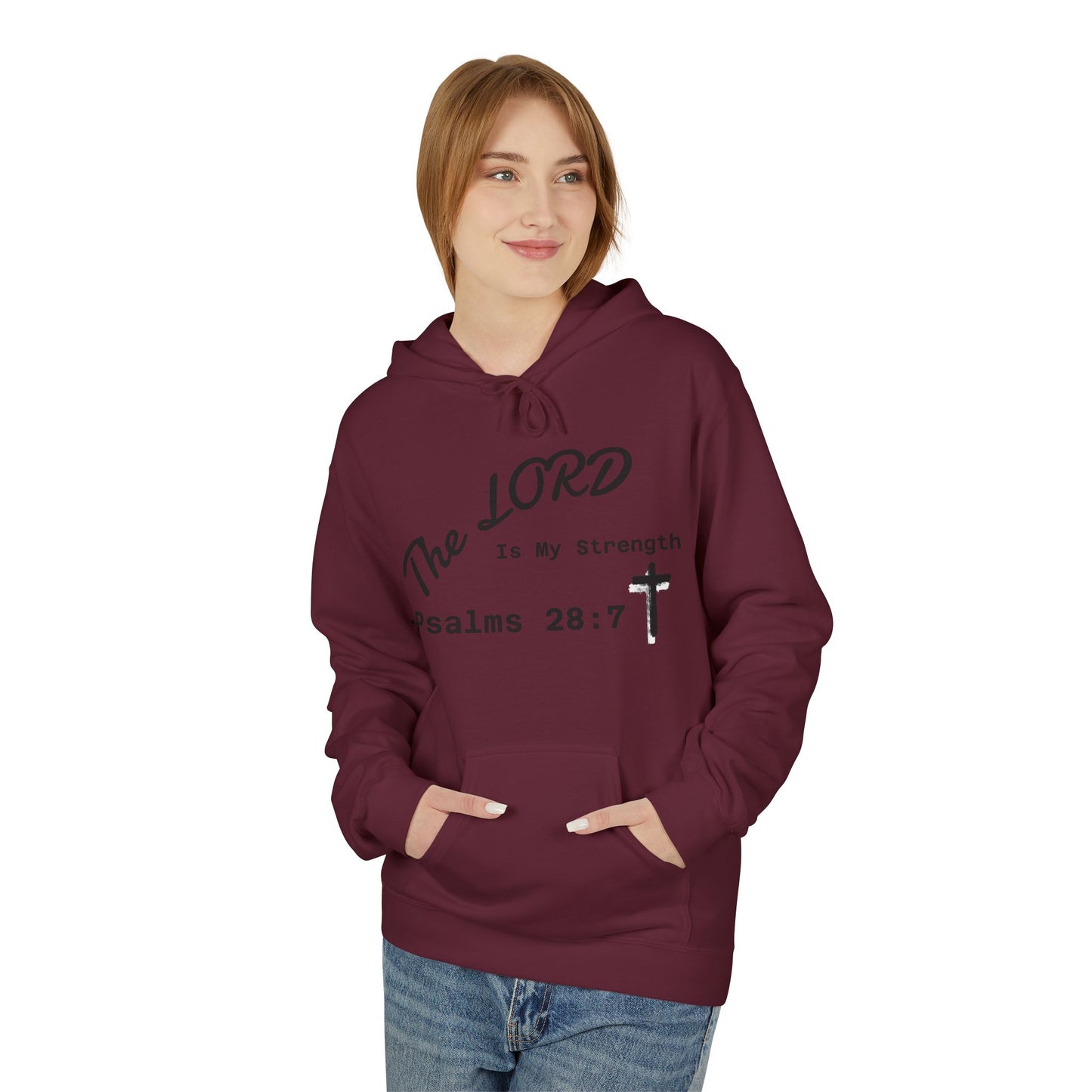 Psalms 28:7 Hoodie – "The LORD is My Strength" Christian Cross Pullover